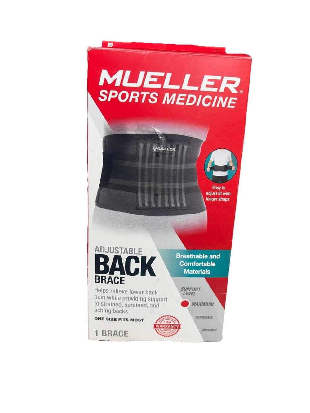 Mueller Sports Medicine Adjustable Back Brace, One Size Fits Most, Black